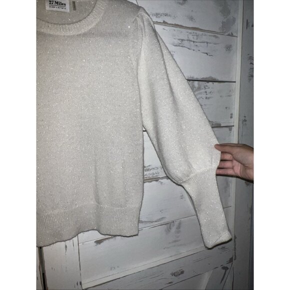 27 Miles Cashmere Wool Sweater Ivory Silver Crew Neck Relaxed Long Sleeve XS - Picture 5 of 10
